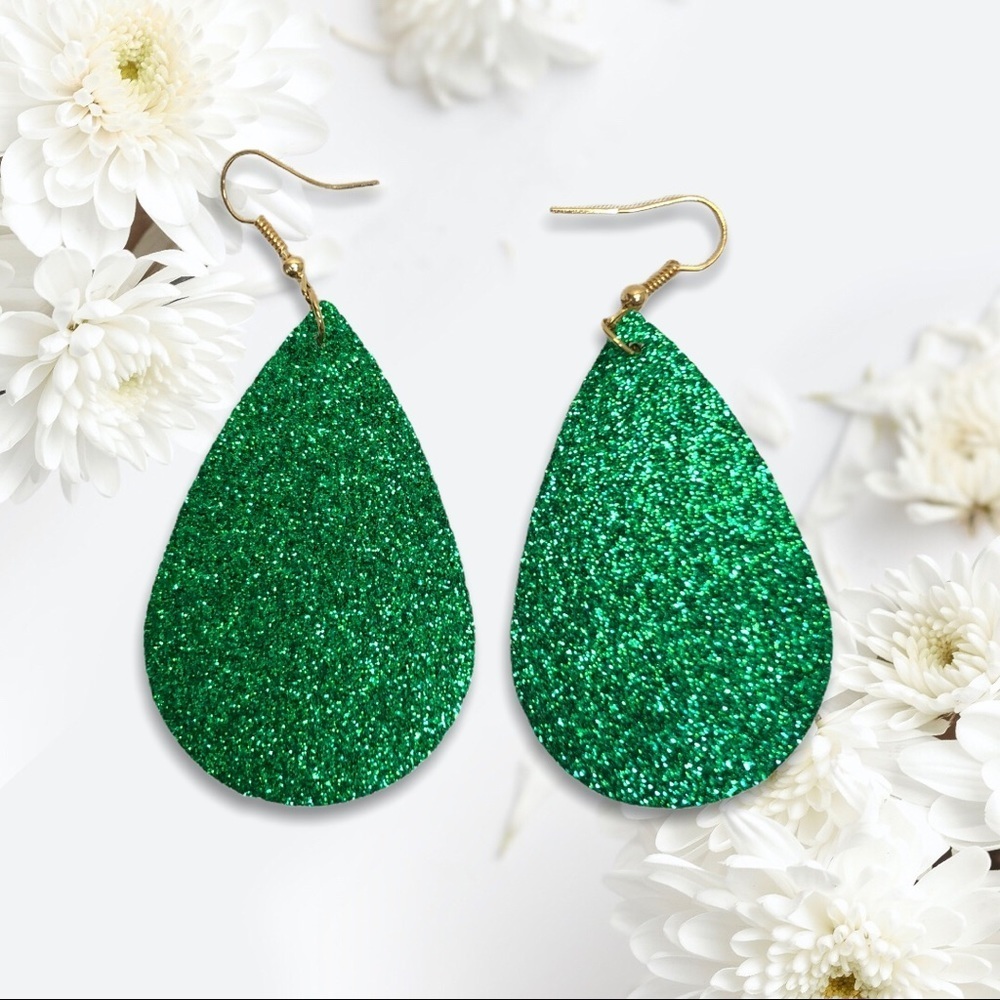 5/$20 green glitter teardrop hanging earrings
